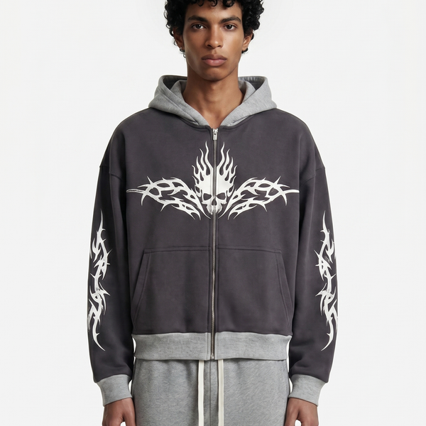 Cropped Tribal Skull Zip Hoodie