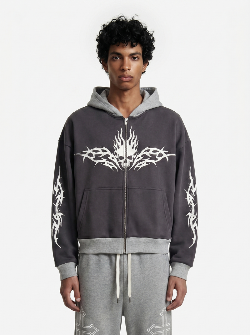 Cropped Tribal Skull Zip Hoodie